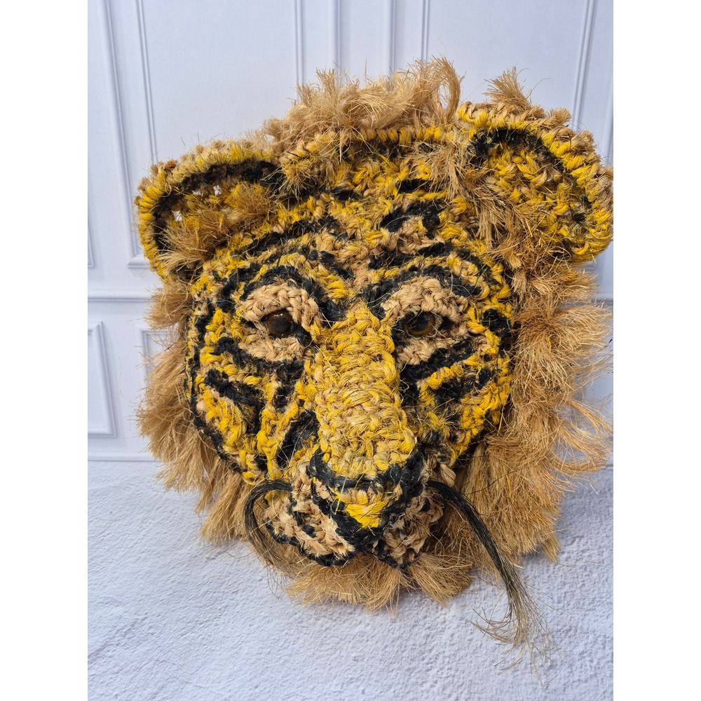 Vintage Woven Raffia Tiger Head Wall Hanging Safari Boho Decor Yellow Black 13"